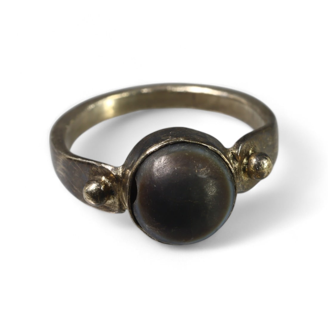 TIBETAN: Silver "Luk Mik Dzi" Ring with Goat Eye Bead, 20th Century (3g, Size 6 US) (1 of 2)