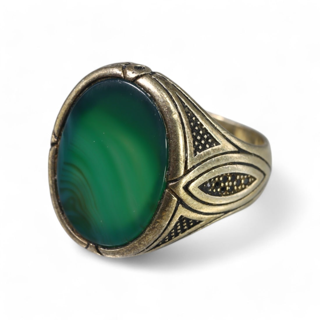 MIDDLE EASTERN: Silver "Emerald Glow Onyx" Ring with Black Diamond Accents (9g, Size 10.5 US) (1 of 3)