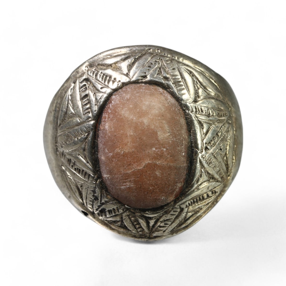 CENTRAL ASIAN: Silver "Sunrise Stone" Ring with Engraved Band, 20th Century (14g, Size 6.5 US) (1 of 2)