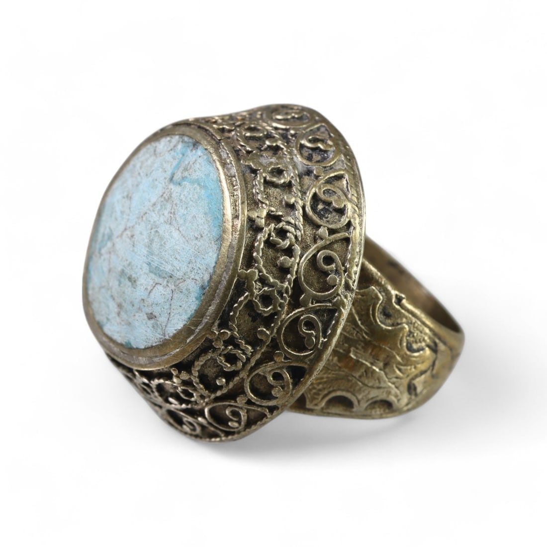 MIDDLE EASTERN: Silver "Turquoise Filigree Crown" Ring, 20th Century (19g, Size 10 US) (1 of 2)