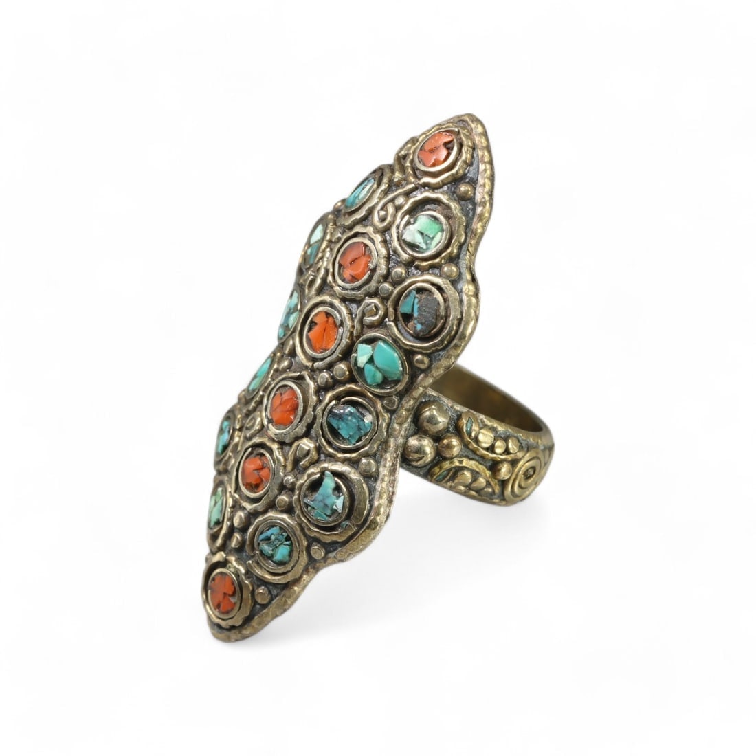 CENTRAL ASIAN: Silver "Turquoise and Coral Mosaic" Statement Ring, 20th Century (20g, Size 10 US) (1 of 3)