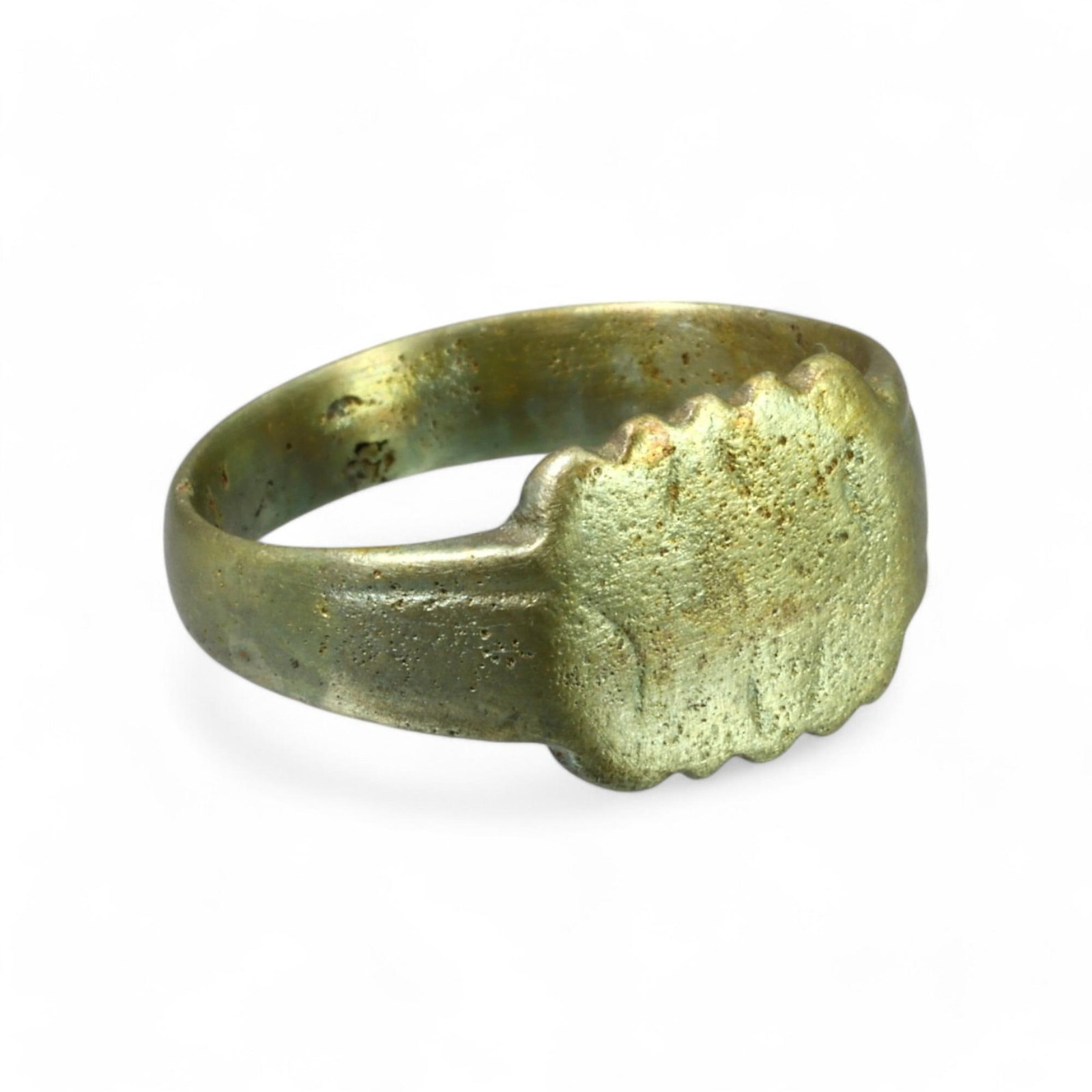 VIKING ERA: Gilt Bronze Signet Ring, Circa 9th-11th Century CE (Size 8.5 US, 4 g): This Viking-era gilt bronze signet ring features a wide bezel with subtle decorative contours, indicative of its use as both a personal adornment and a functional seal. The gilded finish highlights it