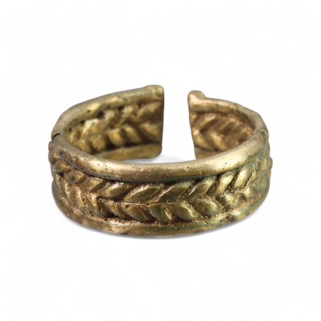VIKING ERA: Bronze "Braided Motif" Band Ring, Circa 9th-11th Century CE (Size 10 US, 10g): This robust Viking-era bronze ring showcases an intricately braided design along its band, symbolizing unity and strength-a common theme in Norse craftsmanship. The open-ended style not only highlight