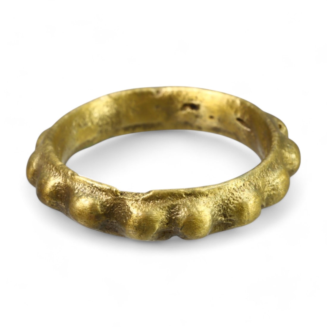 MEDIEVAL ERA: Gold-Gilt "Beaded Motif" Ring, Circa 12th-14th Century CE (Size 7 US, 5g): This elegant medieval-era ring, crafted in bronze and professionally gilded with gold, features a distinctive beaded motif encircling its band. The design exudes sophistication and likely symbolized s