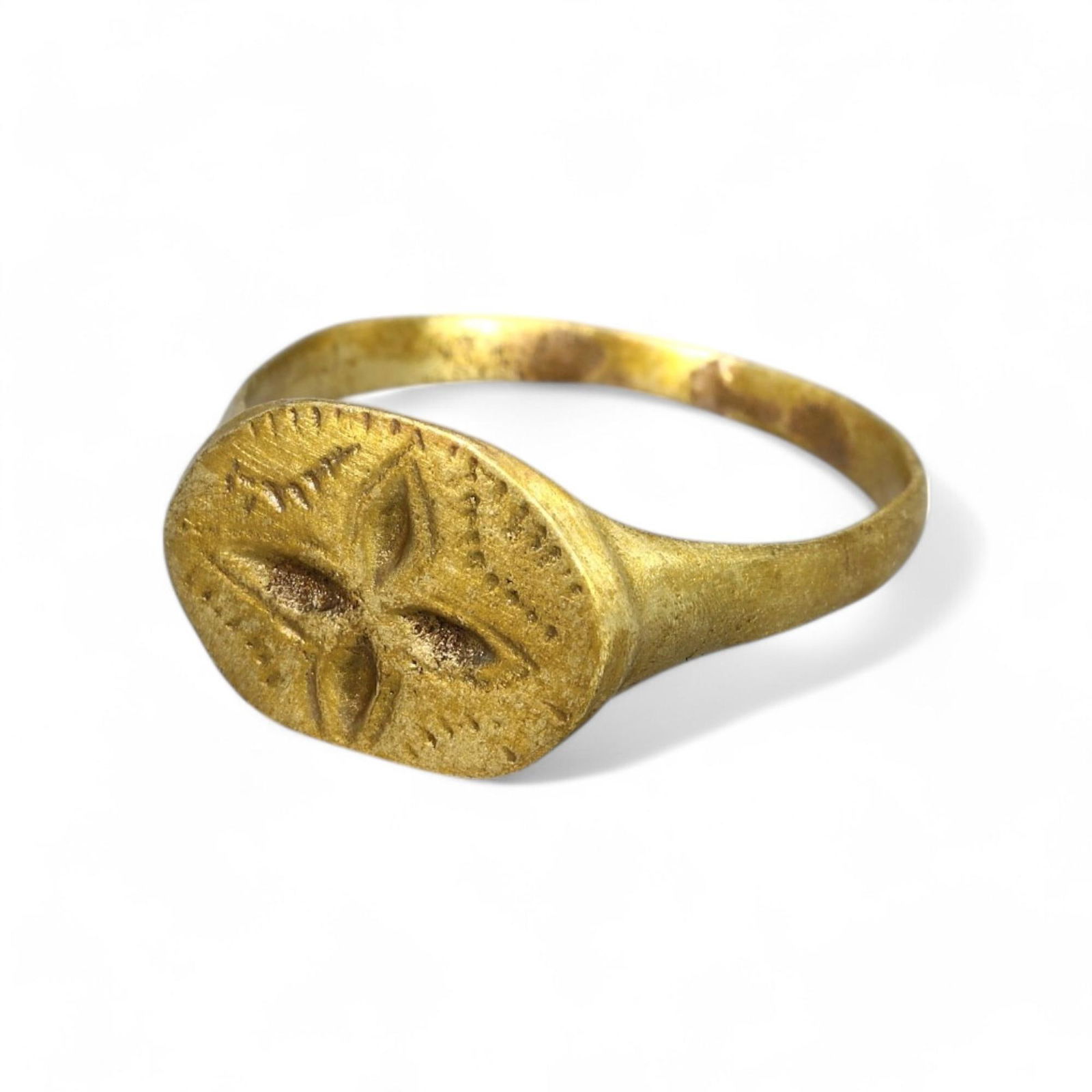 MEDIEVAL ERA: Gold-Gilt "Cross-Flower Motif" Ring, Circa 12th-14th Century CE (Size 9 US, 3g) (1 of 2)