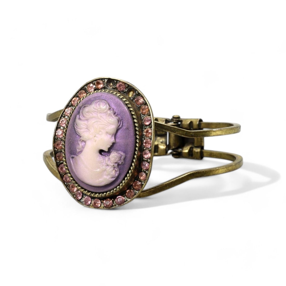 VINTAGE ERA: Brass Cameo Bracelet with Rhinestones, Mid-20th Century (6.5 cm, 28 g) (1 of 3)