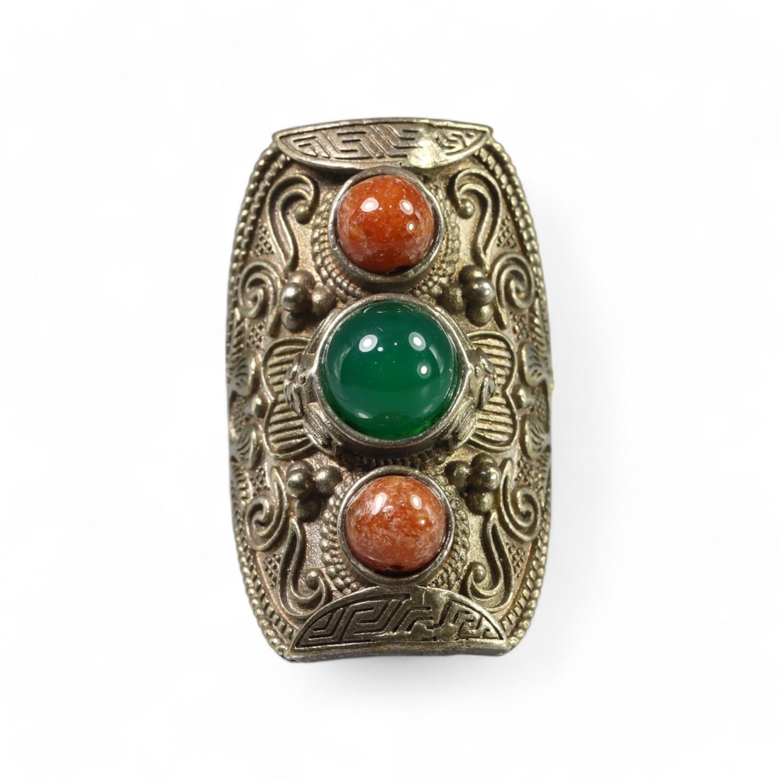 CHINESE: Silver "Imperial Tranquility" Ring with Jade and Amber Stones, Antique (29g, Size 13 US) (1 of 3)