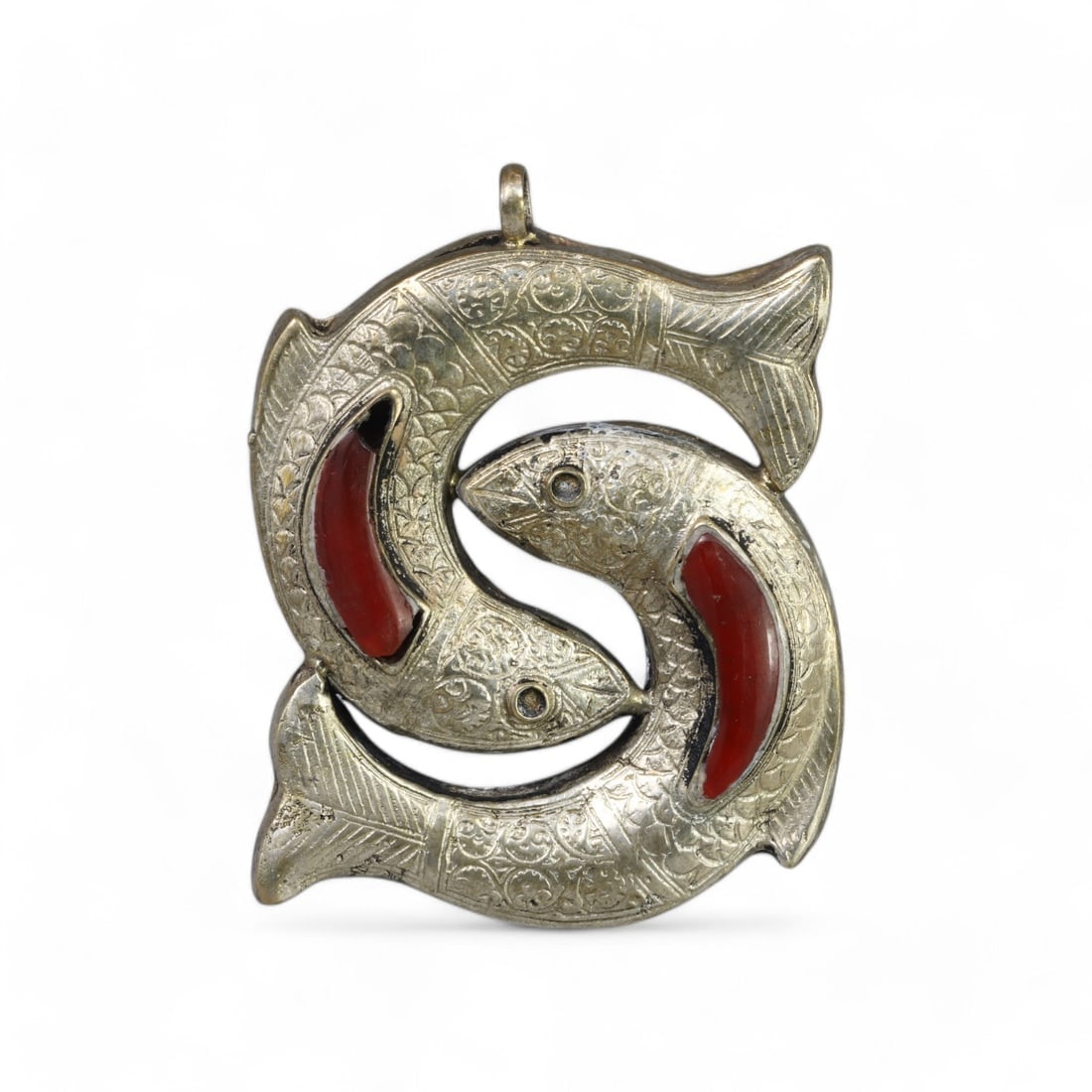 MIDDLE EASTERN: Silver "Entwined Pisces" Pendant with Carnelian Inlays, 20th Century (36g, 5.5cm) (1 of 1)