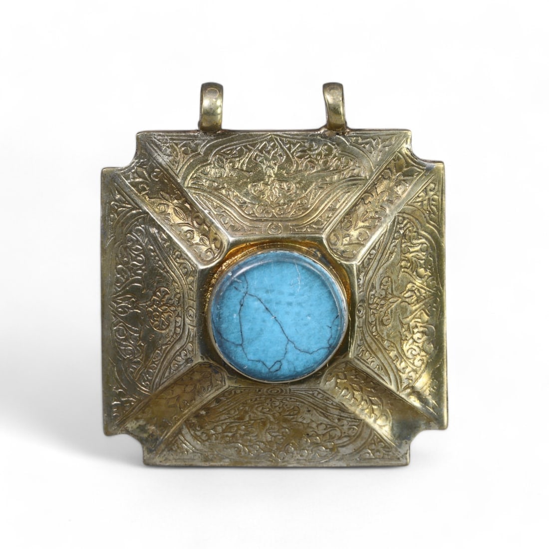 MIDDLE EASTERN: Silver "Geometric Guardian" Pendant with Turquoise, 20th Century (63g, 6.2cm) (1 of 1)