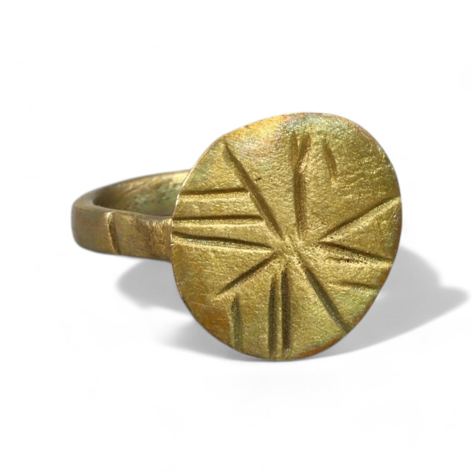 BYZANTINE ERA: Gold-Gilded Bronze Radiating Star Motif Signet Ring, Circa 7th-10th Century CE (Size (1 of 2)