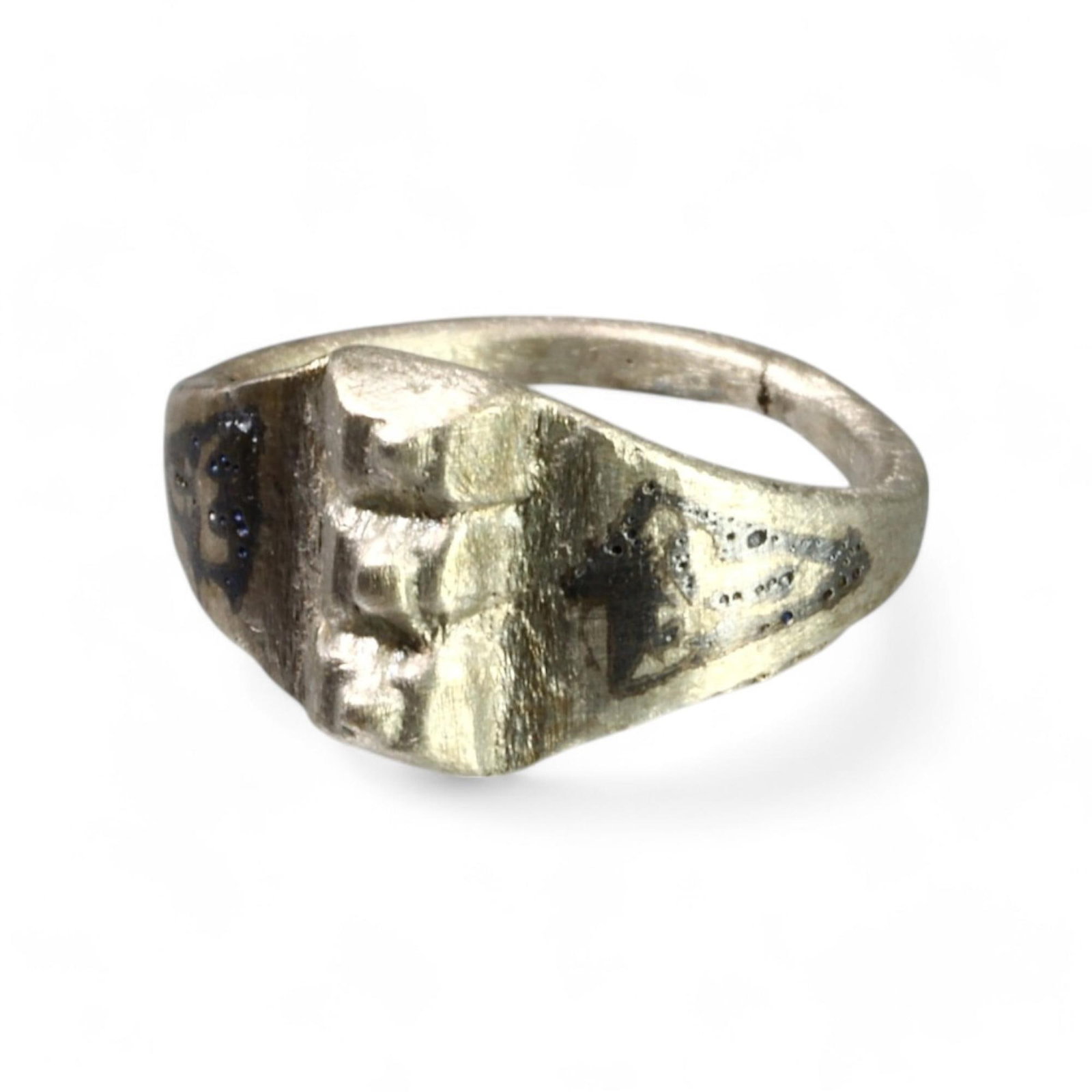 MEDIEVAL ERA: Silver Decorative Ring, Circa 12th-15th Century CE (1.5 cm Diameter, 1.2g): This finely crafted medieval-era silver ring features a bold central design with engraved geometric and symbolic elements, adding to its visual and historical appeal. Weighing just 1.2g, its lightweig