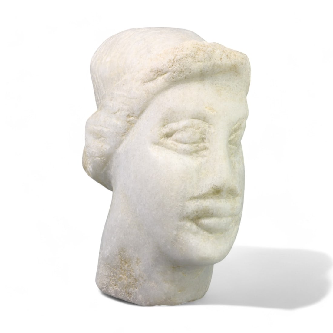 RENAISSANCE ERA: Marble Bust Carving, Circa 15th-16th Century CE (410g, 9x6cm): This Renaissance-era marble bust, weighing 410 grams and measuring 9x6 cm, reflects the refined craftsmanship of the period, showcasing a serene and lifelike depiction of a human face. The gentle cont