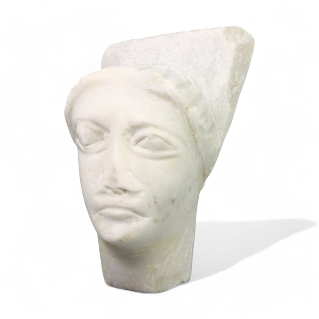RENAISSANCE ERA: Marble Bust Fragment with Headdress, 15th-16th Century CE (337g, 9x4cm): This exquisite marble bust fragment, weighing 337 grams and measuring 9x4 cm, exemplifies Renaissance artistry with its serene facial expression and distinctive headdress. The softly carved features r