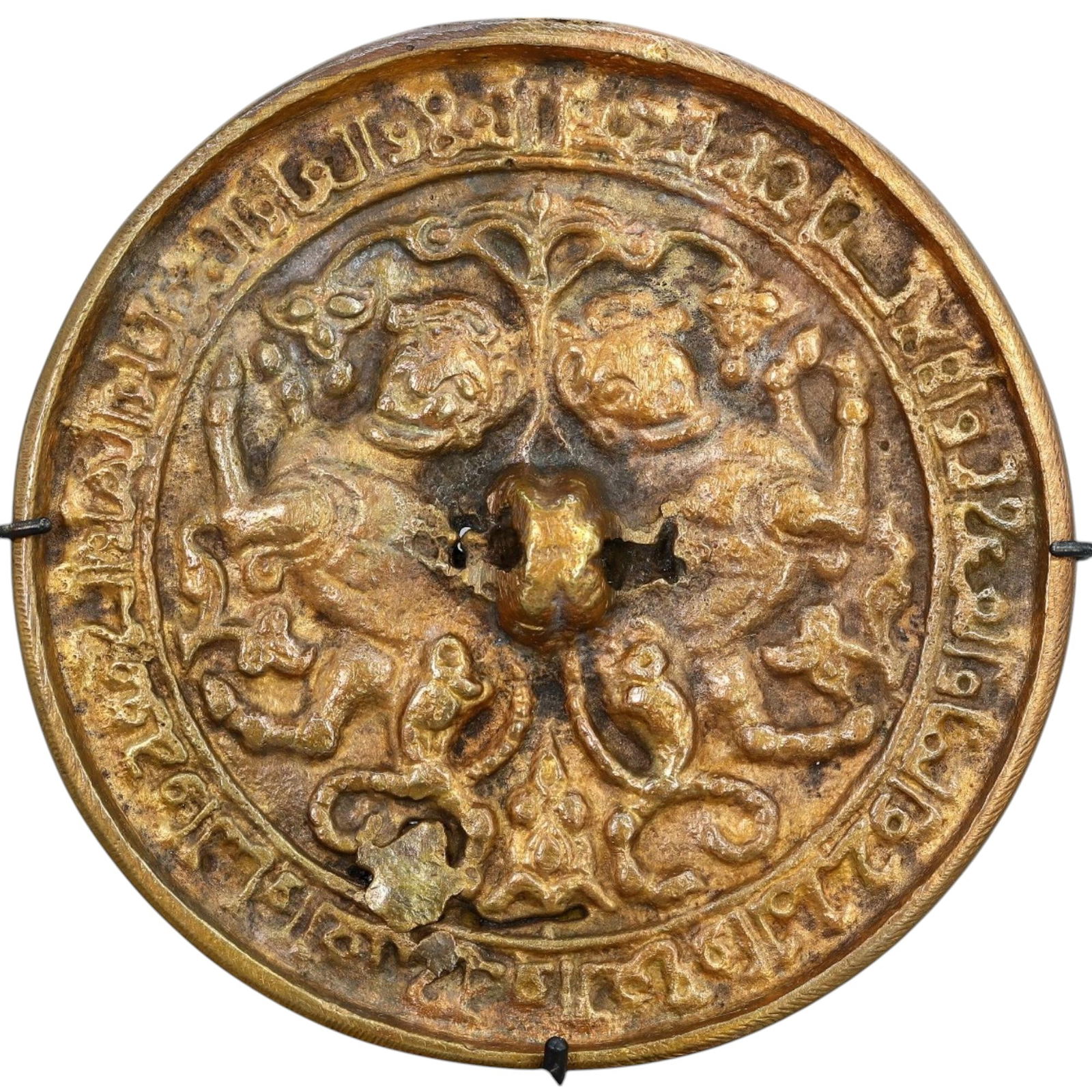 ISLAMIC ARTIFACT: Bronze Gilded Mirror with Twin Lion Motif, 12th-14th Century CE (229g, 10cm) (1 of 3)