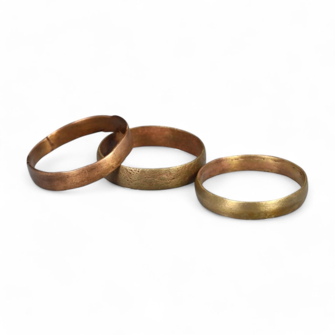 VIKING ERA: Bronze Wedding Rings, Circa 9th-11th Century CE (Size 11 US, 5g, Set of 3): This remarkable set of three Viking-era bronze wedding rings highlights the simplicity and elegance characteristic of Norse marital traditions. Each ring, crafted with a smooth band design and a colle