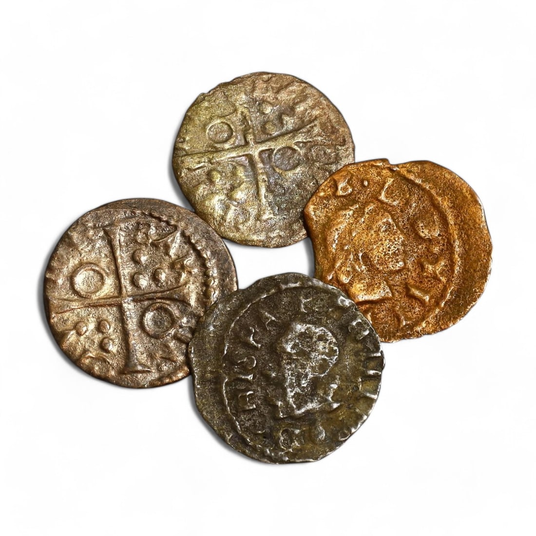 MEDIEVAL SPAIN: Lot of 4 Silver and Billon Coins, 12th-14th Century CE (2g, 13-14mm): This lot features four coins from medieval Spain, struck in silver and billon during the 12th to 14th centuries CE. With a combined weight of 2 grams and diameters ranging from 13 to 14mm, these coins