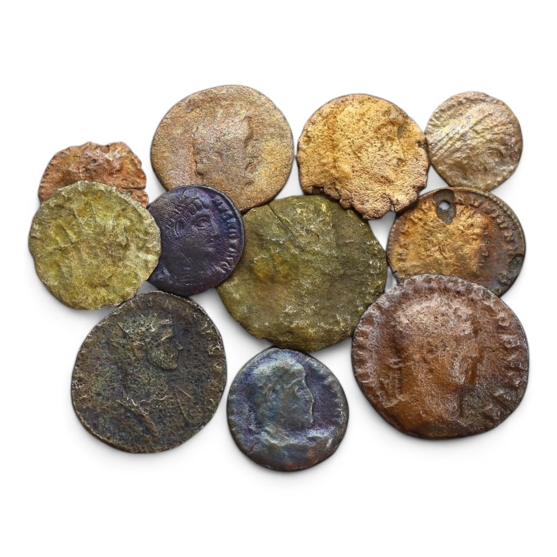 ANCIENT ROMAN EMPIRE: Bronze Coin Lot, Circa 1st-4th Century CE (23g, 14-23mm, 11 Pieces): This collection of ancient Roman coins, offers a glimpse into the economic and cultural fabric of the Roman Empire. The coins feature a variety of designs, including imperial portraits, deities, and m