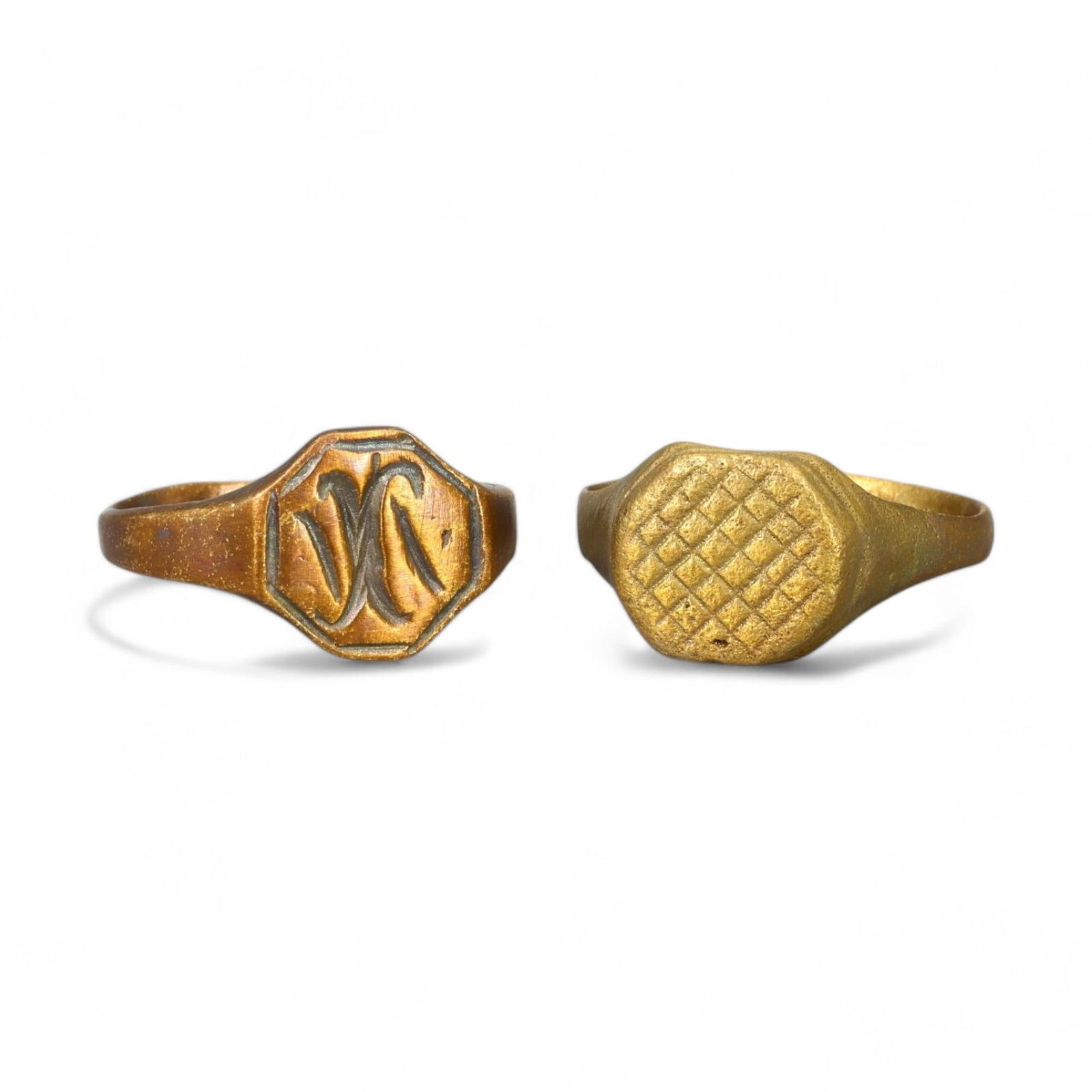 MEDIEVAL ERA: Bronze "Monogram Signet" and "Grid Pattern" Rings, 14th-16th CE (7-8 US, 9g, 2 pcs) (1 of 2)