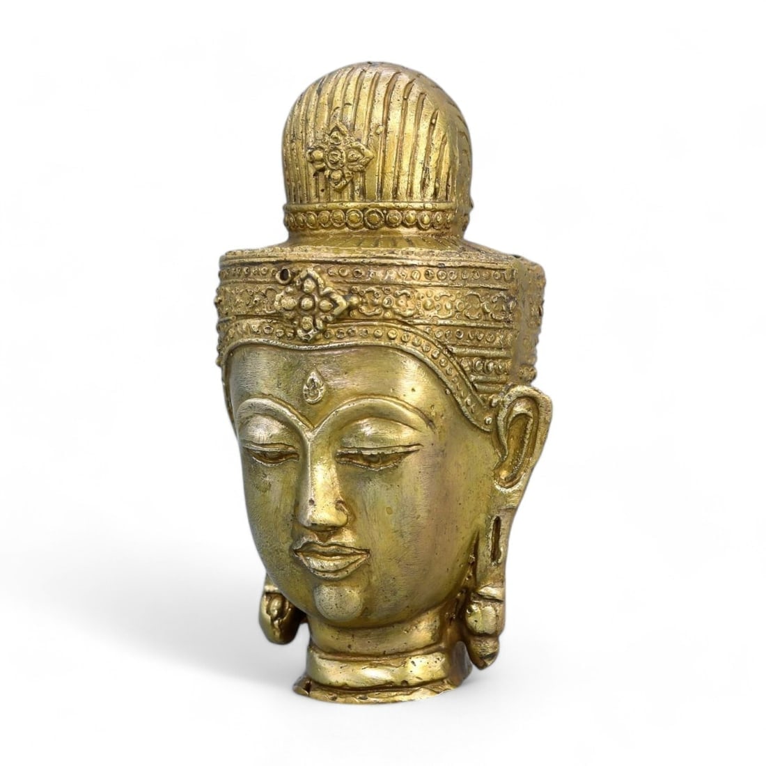 Antique: Gold-Gilt Bronze Buddha Head with Floral Headdress (312g, 6x12cm) (1 of 3)
