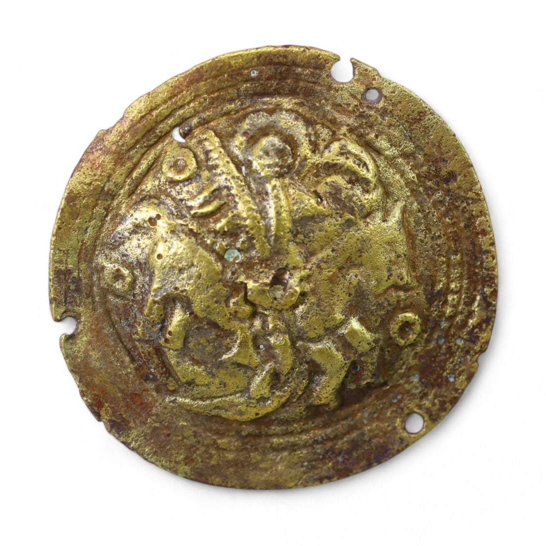 CRUSADER ERA: Gilded Harness Pendant Depicting a Mounted Warrior, 12th-13th Century CE (14g, 4.7cm): This Crusader-era gilded harness pendant features an intricately detailed motif of a mounted warrior holding a weapon, a classic symbol of chivalric culture and martial valor during the Crusades. The 