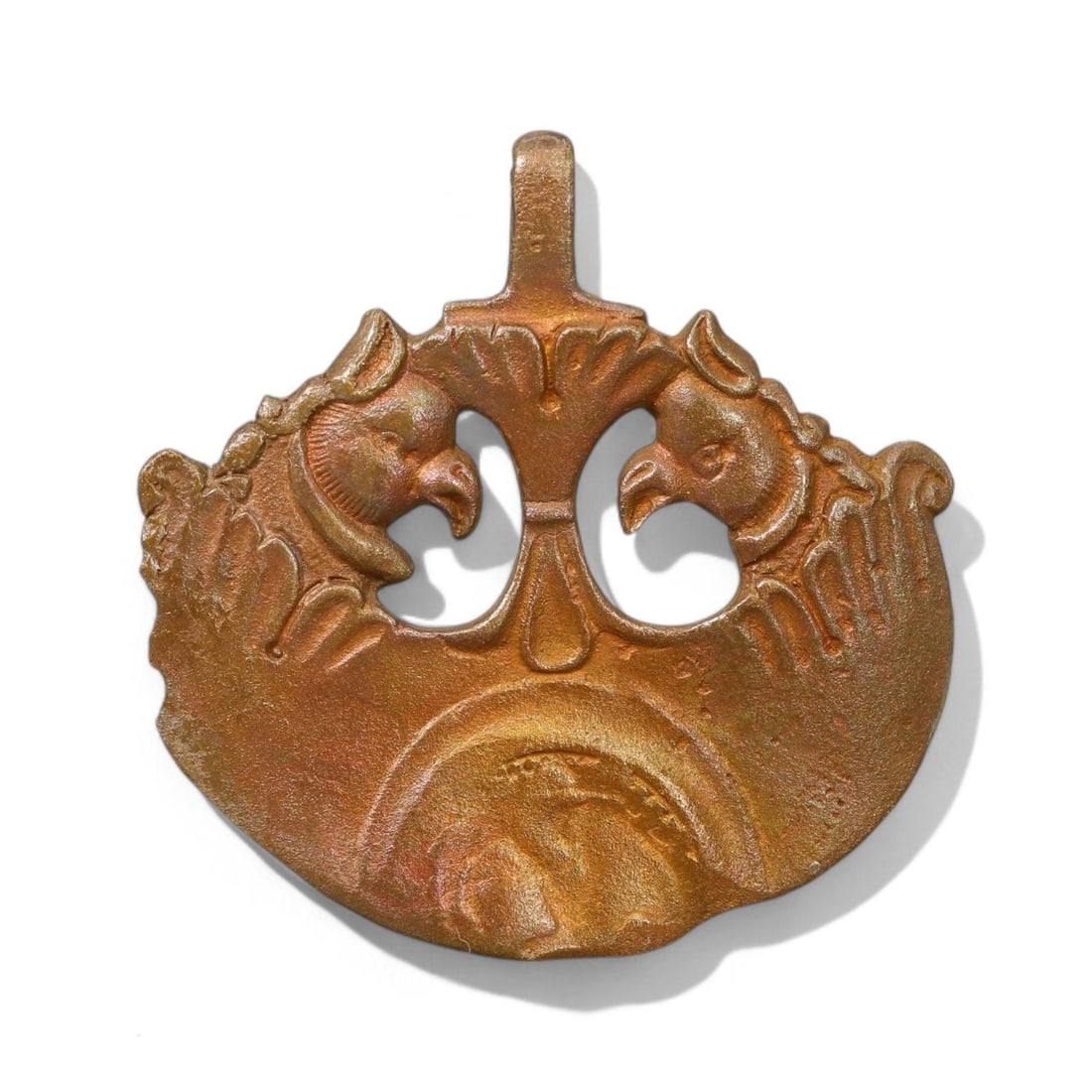 MEDIEVAL PERIOD: Bronze Amulet with Bird Motif, 12th-15th Century AD (17g, 5cm): This is a finely cast bronze amulet from the medieval period, weighing 17g and measuring 5 cm in diameter. The piece features a symmetrical design with two stylized birds flanking a central element, l