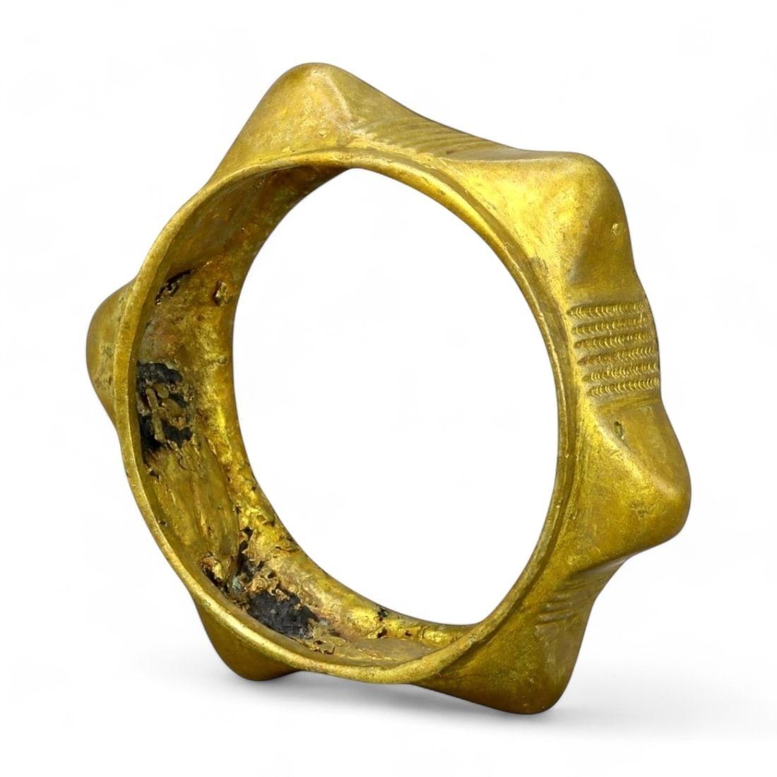 AFRICAN: Gold-Gilt Bracelet, Ife Area, Nigeria, Pre-11000 (174g, 6.5x3cm): This striking African gold-gilt bracelet from the Ife area of Nigeria, dating to the pre-11000 period, weighs 174g and measures 6.5cm in diameter and 3cm in height. Featuring bold geometric motifs, in