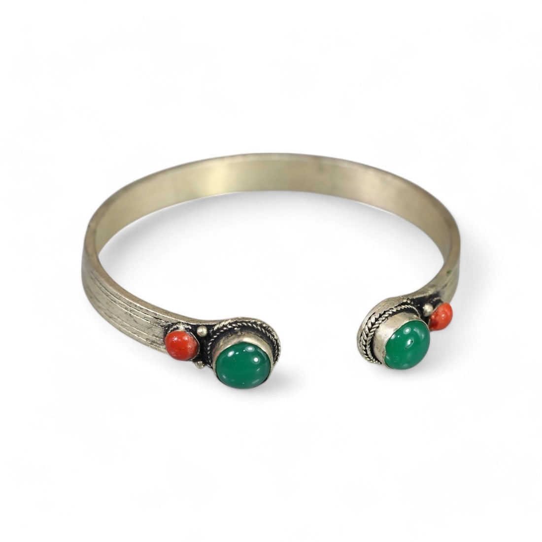 CHINESE: Silver "Harmony of Jade and Coral" Open Bangle, Vintage (23g, Diameter 6.5cm) (1 of 2)