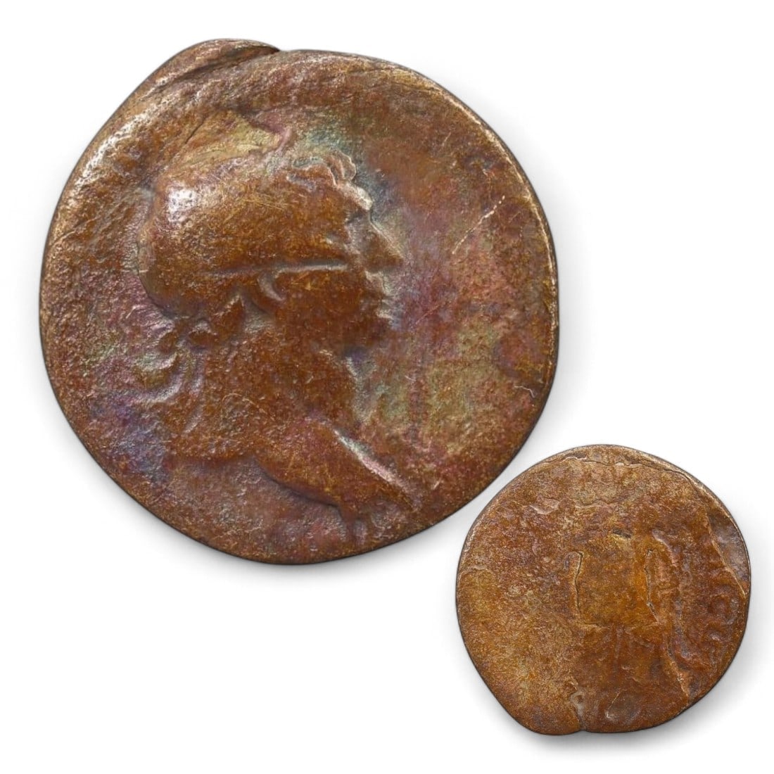 ROMAN EMPIRE: Bronze Dupondius of Trajan, 103-111 AD (14g, 25x26mm): This bronze dupondius, issued during the reign of Emperor Trajan, reflects the prosperity and stability of the Roman Empire during his leadership. The obverse displays a radiate bust of Trajan facing 