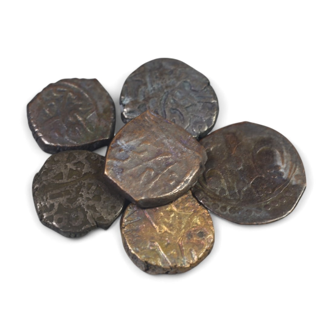 LATE MEDIEVAL ERA: Indian Sultanate Billion Coins Lot, 14th-16th Century CE (14-17mm, 17g, Lot of 6): This lot of six Late Medieval-era Indian Sultanate coins, crafted in billion (a silver-copper alloy), ranges from 14-17mm in diameter and weighs a total of 17g. The obverses feature intricate Islamic 