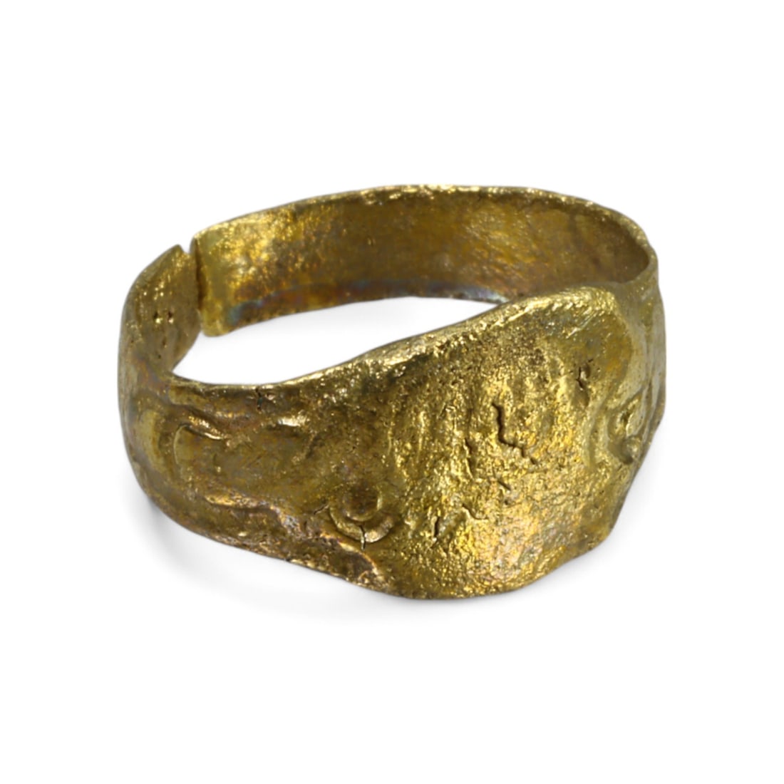 LATE MEDIEVAL ERA: Gold-Gilt Bronze Ring, Circa 14th-16th Century CE (2g, Size 5 US): This delicate late medieval gold-gilt bronze ring features an asymmetrical, textured band with subtle engraved patterns, reflecting the artistic style of the period. The gold gilding, though worn, hig
