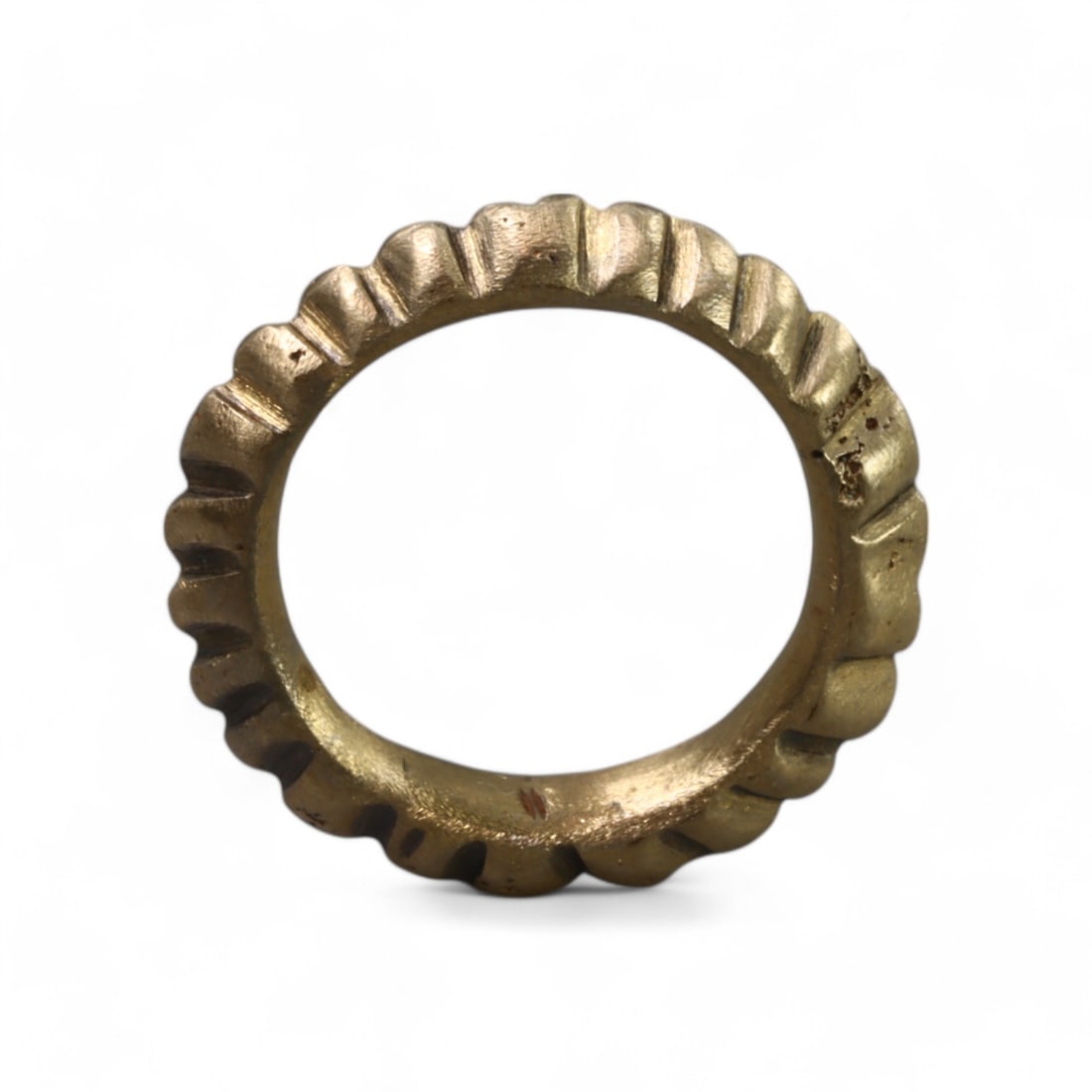VIKING ERA: Bronze Ribbed Decorative Ring, Circa 9th-11th Century CE (8g, Size 9 US): This robust Viking-era bronze ring features a distinct ribbed design encircling the band, showcasing the geometric artistry characteristic of Norse craftsmanship. The bold, textured pattern adds visua