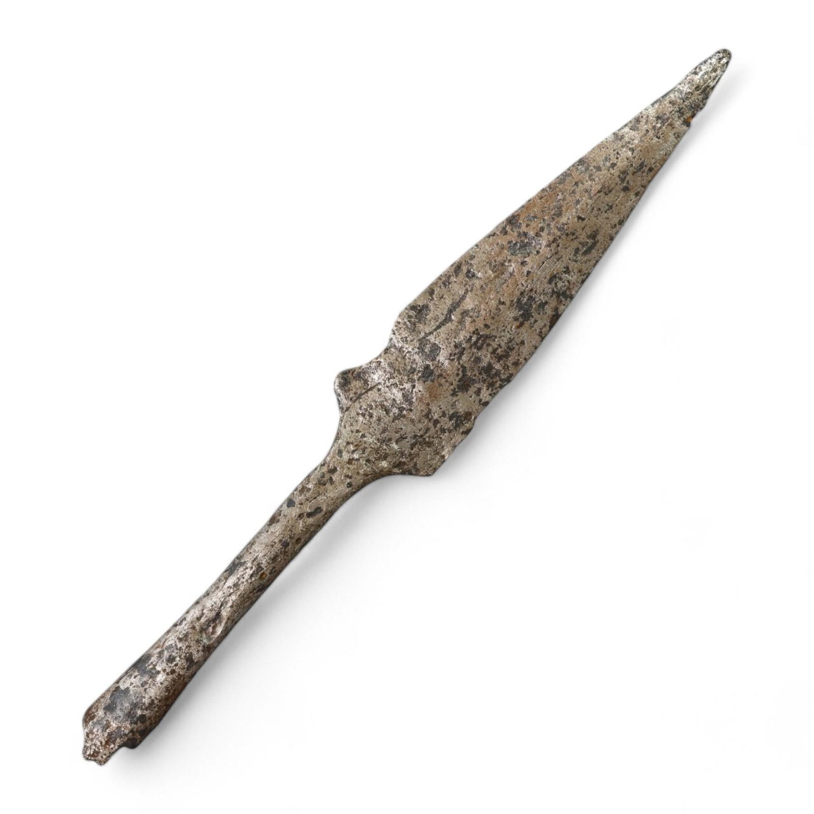 CRUSADER ERA: Iron Spearhead, Circa 12th-14th Century CE (72g, 20.5x3 cm): This well-preserved Crusader-era iron spearhead features a slender, leaf-shaped blade tapering to a sharp point, ideal for both throwing as a javelin or close combat on the battlefield. The mid-rib al