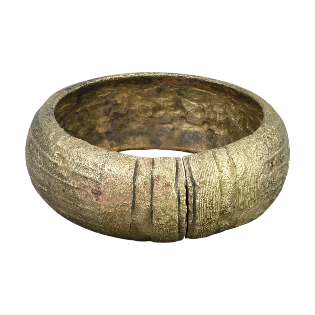BYZANTINE ERA: Gilded Bronze Openwork Bangle, Circa 6th-9th Century CE (198g, 7.5x3 cm): This impressive Byzantine-era gilded bronze bangle showcases intricate openwork designs, reflecting the ornate artistry characteristic of the empire's golden age. The substantial weight and elegant pr