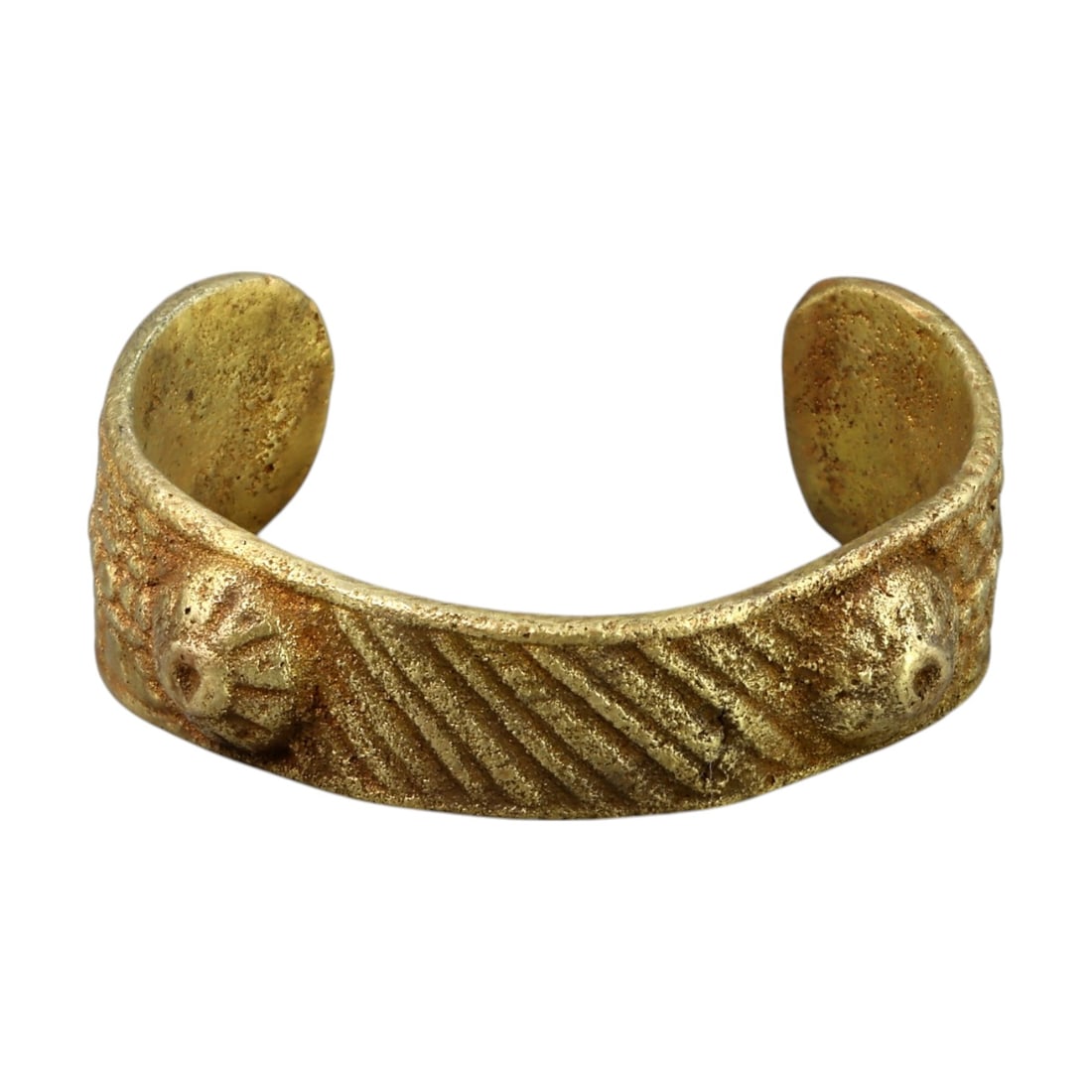 LATE MEDIEVAL ERA: Gold-Gilt Bronze Cuff Bracelet, Circa 13th-15th Century CE (44g, 5.5x3cm): This stunning Late Medieval bronze cuff bracelet, professionally cleaned and retaining its original gold gilt finish, showcases an intricate dotted and circular pattern on its broad surface, reflectin