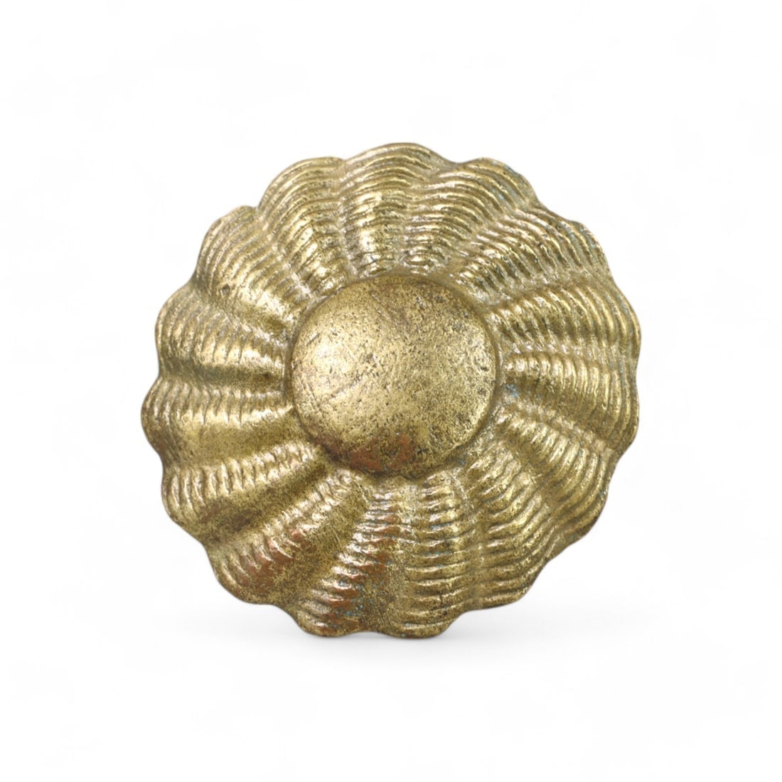 BYZANTINE ERA: Gold-Gilt "Floral Applique," Circa 6th-10th Century CE (3cm, 2.5g): This exquisite Byzantine-era gold-gilt applique features a radiating floral design, with intricate ribbed petals encircling a domed central medallion. Likely used to adorn garments, belts, or religiou