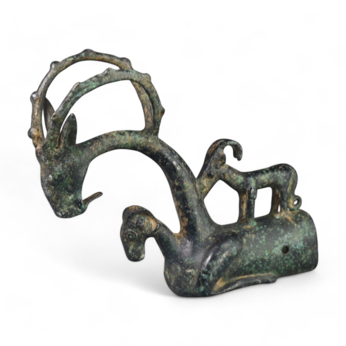LURISTAN STYLE: Antique Bronze "Ram and Panther" Finial Art, 19th-20th Century (856g, 15cm) (1 of 3)
