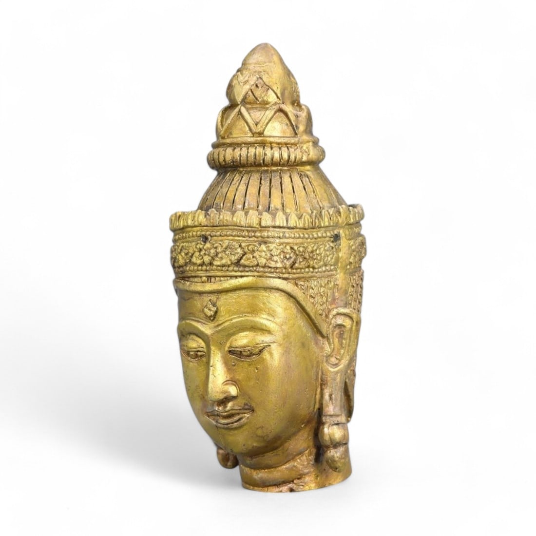 Antique: Gold-Gilt Bronze Buddha Head with Tiered Crown (353g, 6x14cm) (1 of 3)