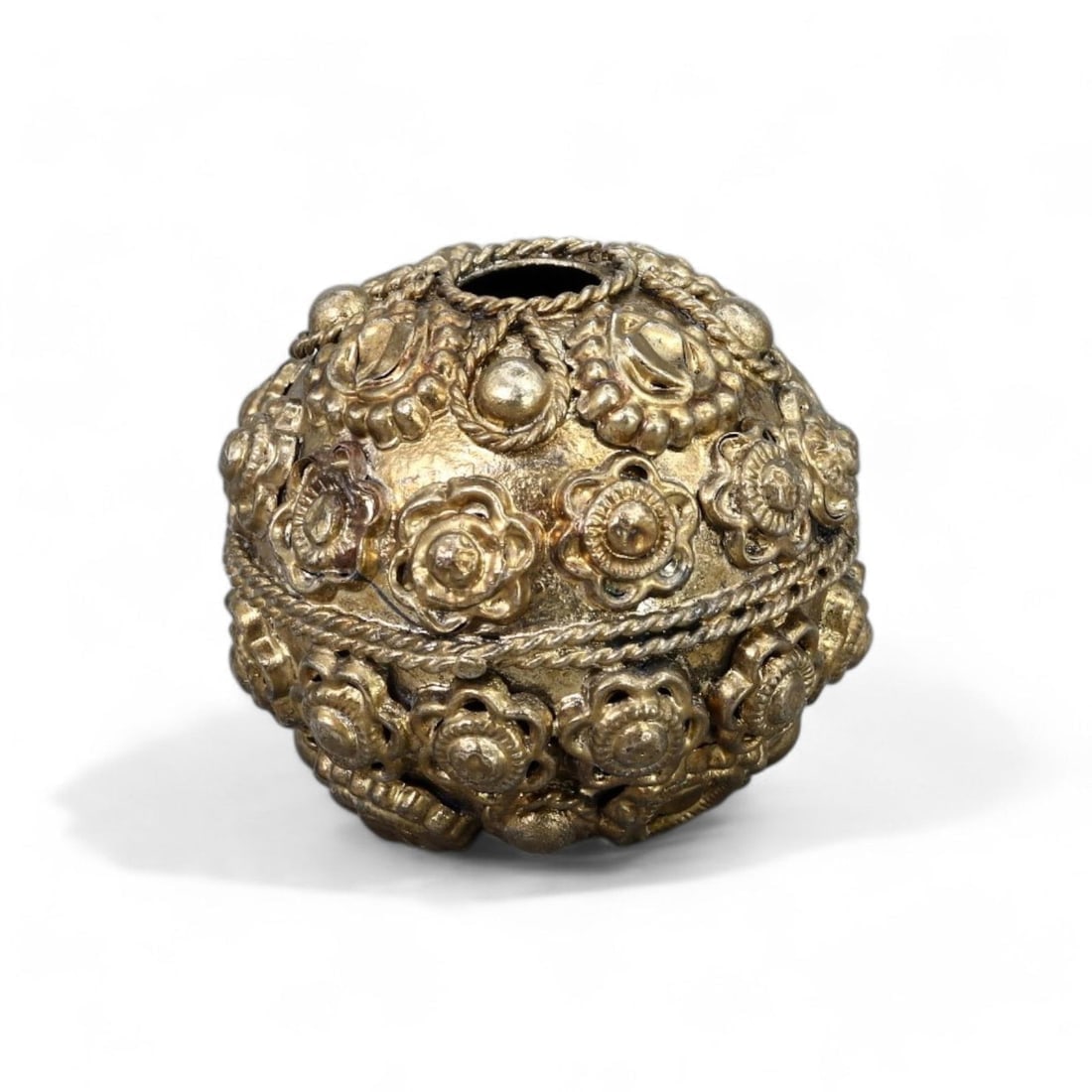 ANGLO-SAXON: Ornamental Silver Bead, 3cm, 11.9grams: This stunning Anglo-Saxon silver bead, measuring 3cm in diameter, features intricate floral and twisted rope motifs, highlighting the artistic brilliance of early medieval craftsmanship. Likely part o