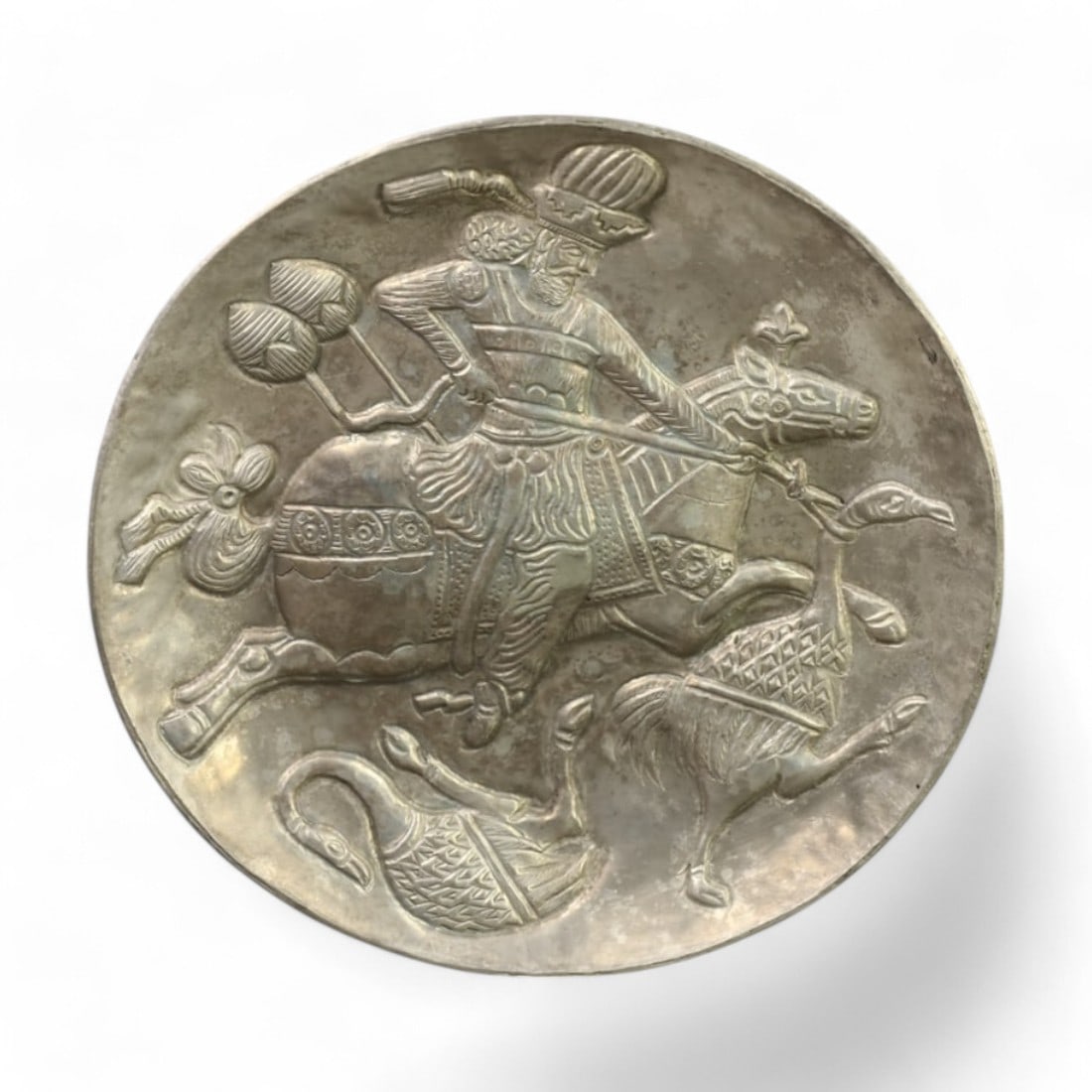 ANTIQUE PERSIAN: Silver Hunting Scene Plate, Late 19th Century (115g, 16cm) (1 of 2)