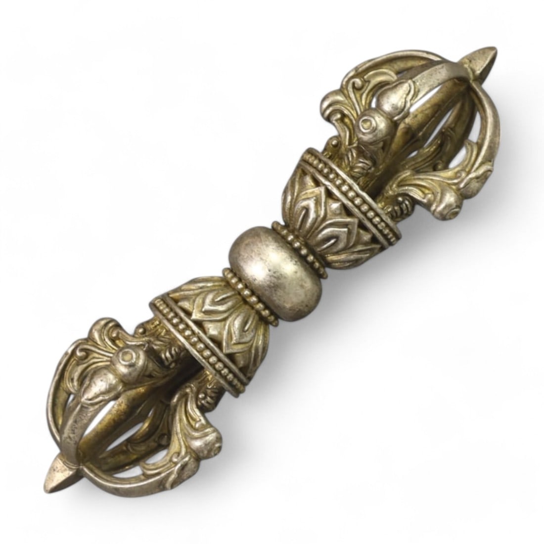 ANTIQUE TIBETAN: Silver Double Dorje Vajra Ritual Object, Early 20th Century (304g, 15cm) (1 of 2)