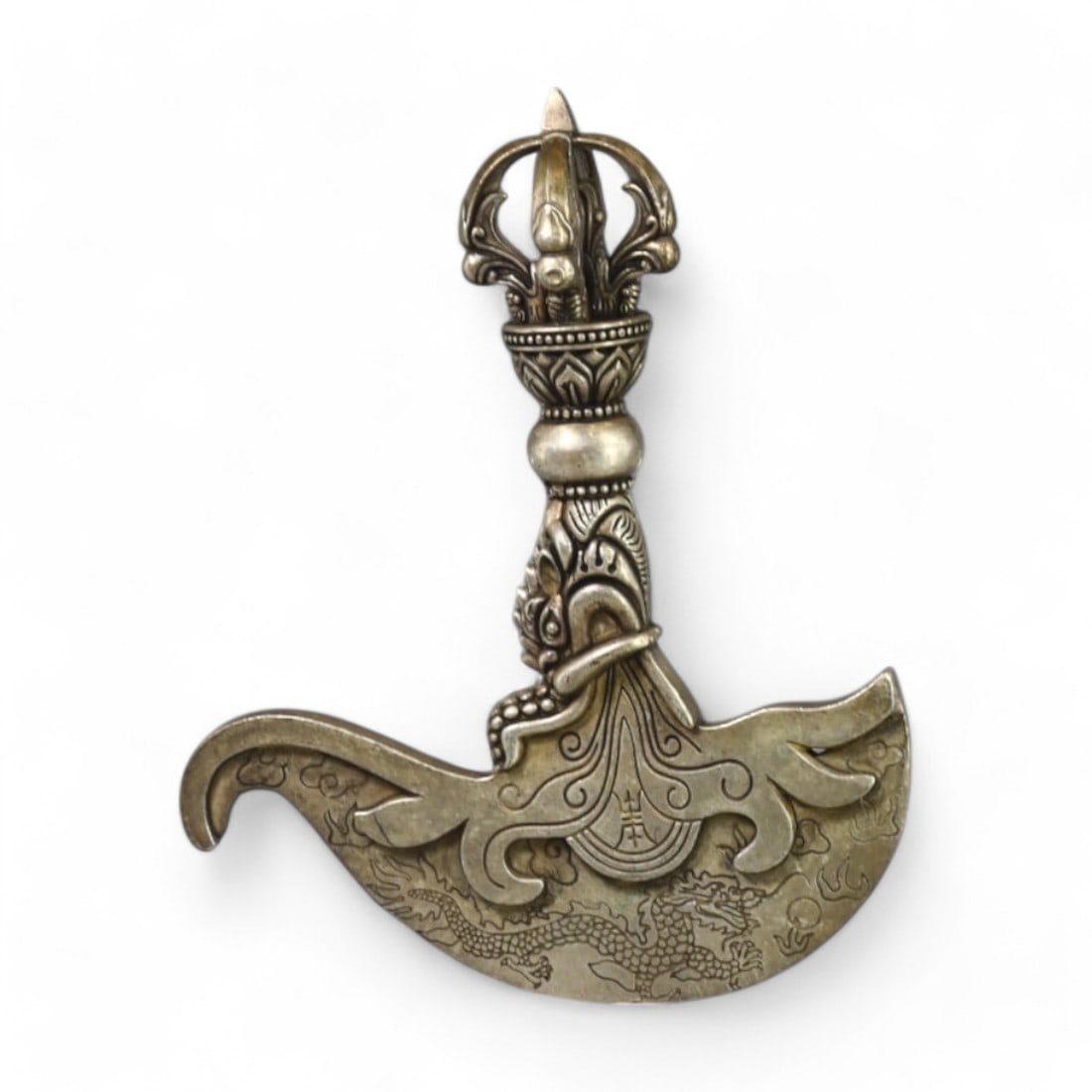 ANTIQUE TIBETAN: Silver Dragon Ritual Crescent Knife (Kartika), Early 20th Century (206g, 13cm) (1 of 4)