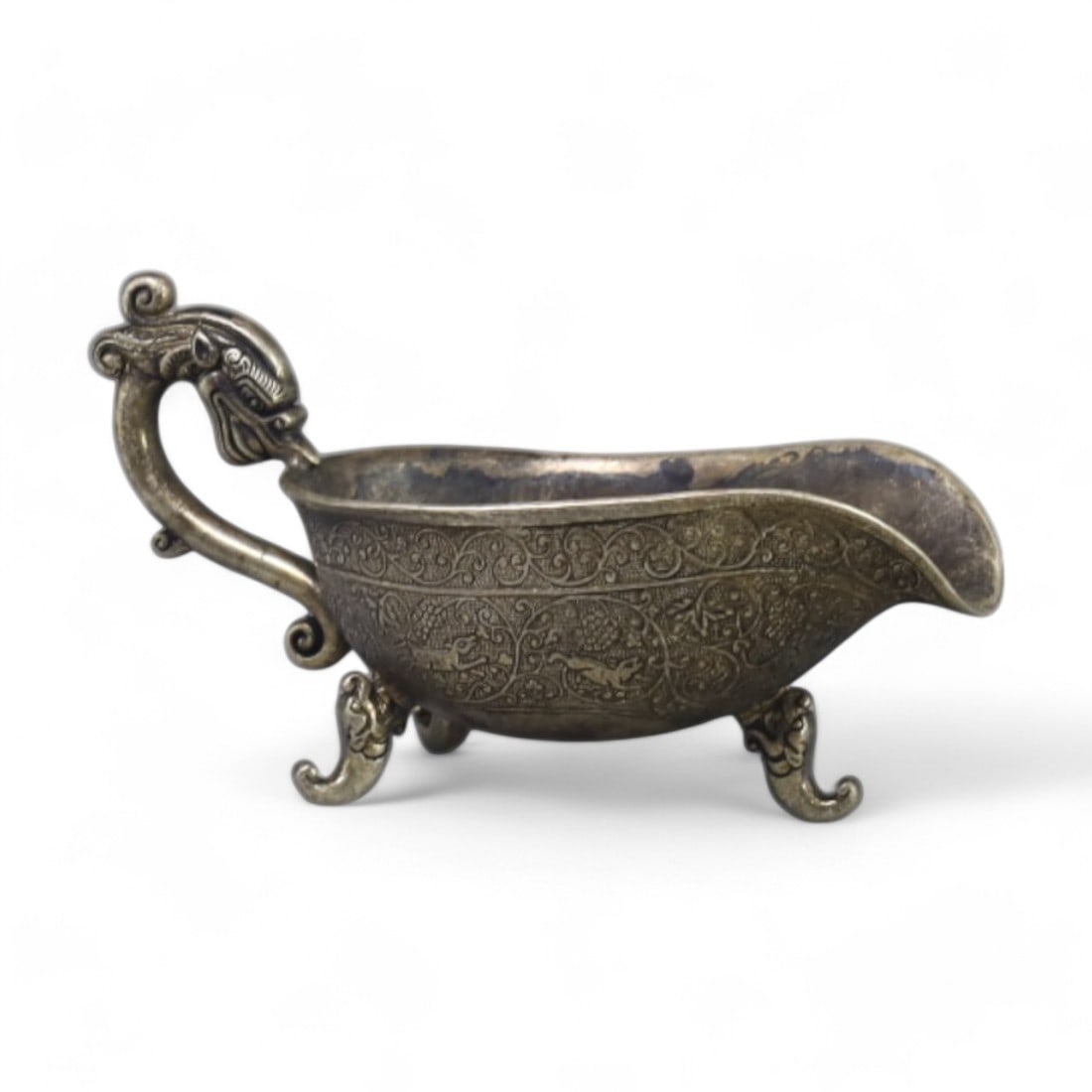 ANTIQUE ORIENTAL CHINESE: Silver Dragon-Handled Libation Bowl, Late 19th Century (185g, 14x6cm) (1 of 5)