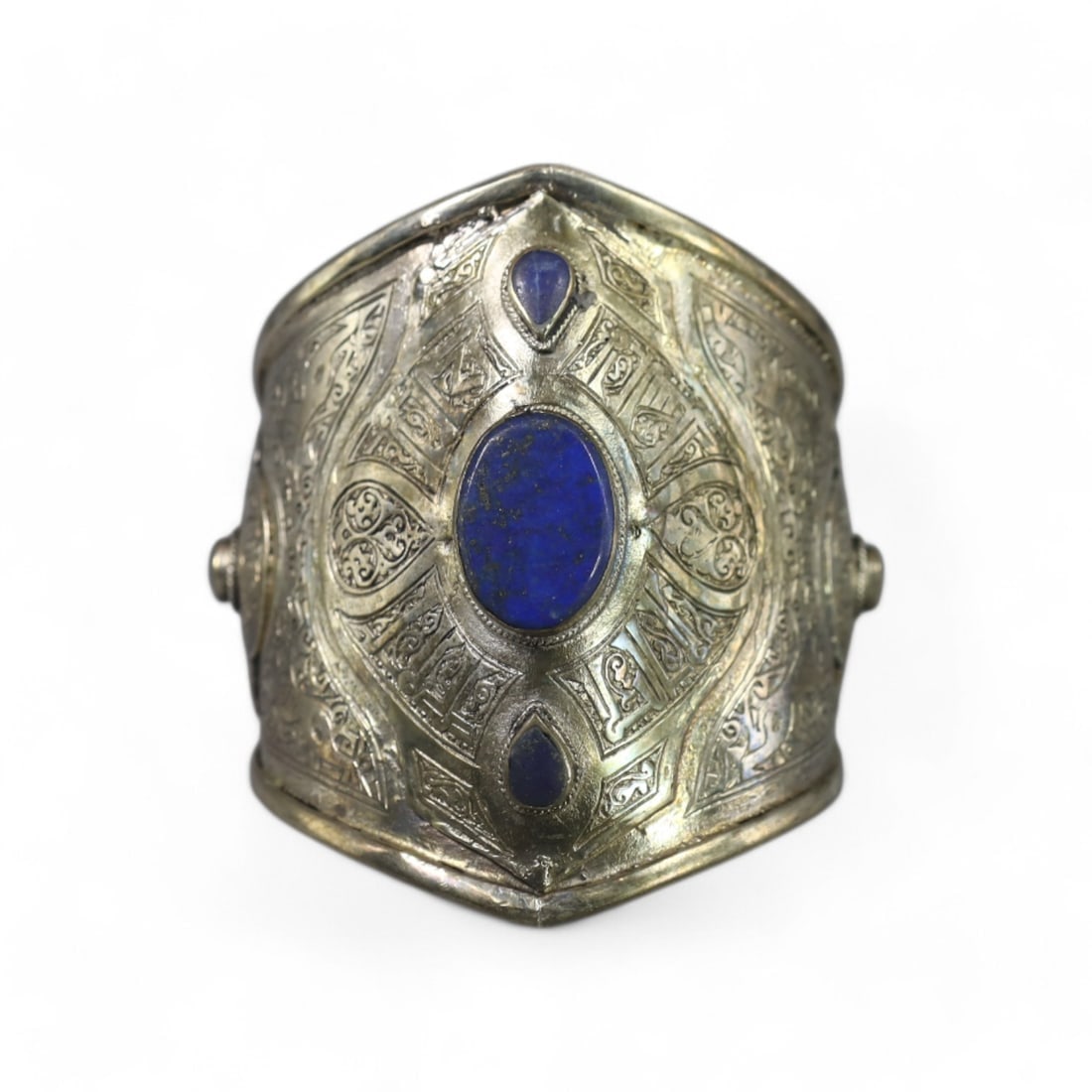 ANTIQUE: Silver Cuff Bracelet with Lapis Lazuli Inlays, Late 19th Century (148g, 8.5x7.5cm) (1 of 3)