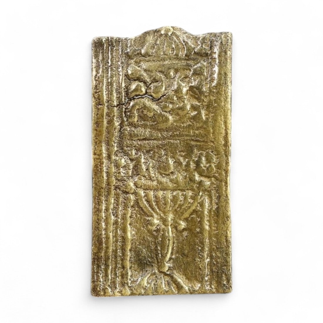 BYZANTINE: Gilded Bronze Rectangular Plaque with Menorah Motif, 6th-9th Century CE (14g, 3x5.5cm): This remarkable Byzantine-era gilded bronze plaque features a central depiction of a menorah, framed by intricate architectural and vegetal motifs. The rectangular design, with its finely carved detai