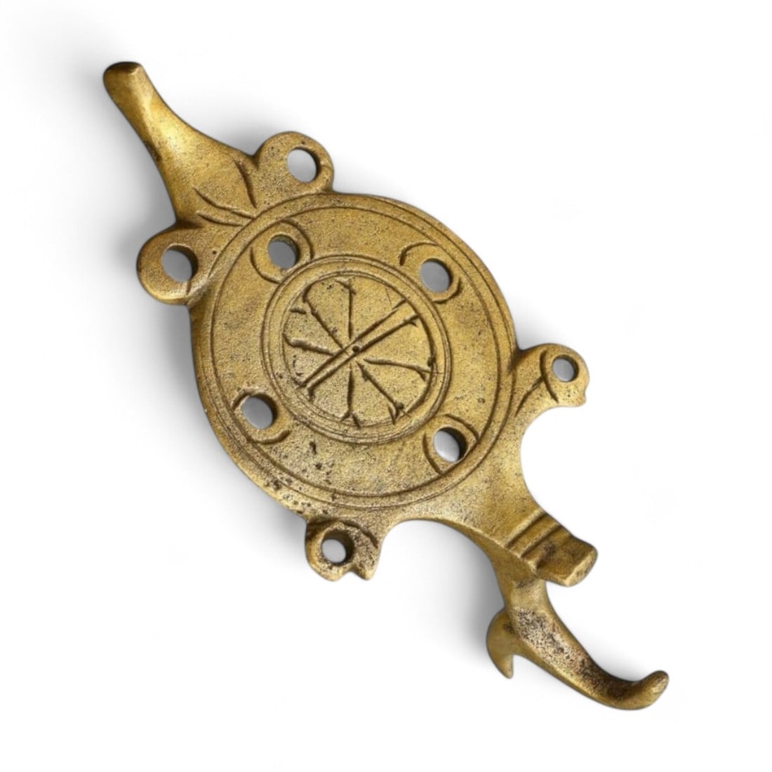 BYZANTINE ERA: Gilded Bronze Decorative Hook with Chi-Rho Motif, 6th-9th Century CE (64g, 11x4.8cm) (1 of 2)