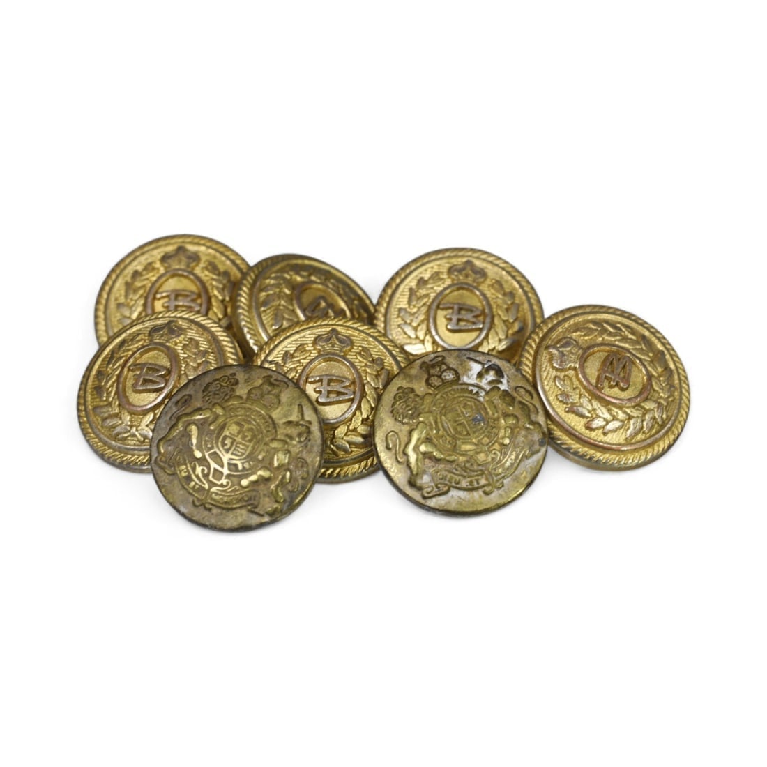 SET OF 8 ANTIQUE MILITARY BUTTONS: Brass with Heraldic Motifs (100g, 1.6x1.6cm Each) (1 of 1)
