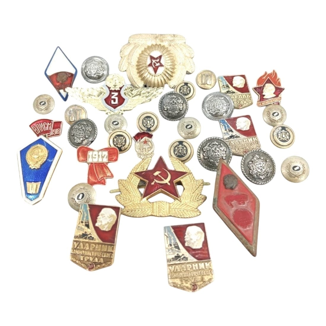 SOVIET ERA: Collection of 33 Badges, Medals, and Buttons (100g, 1.6-6cm) (1 of 2)