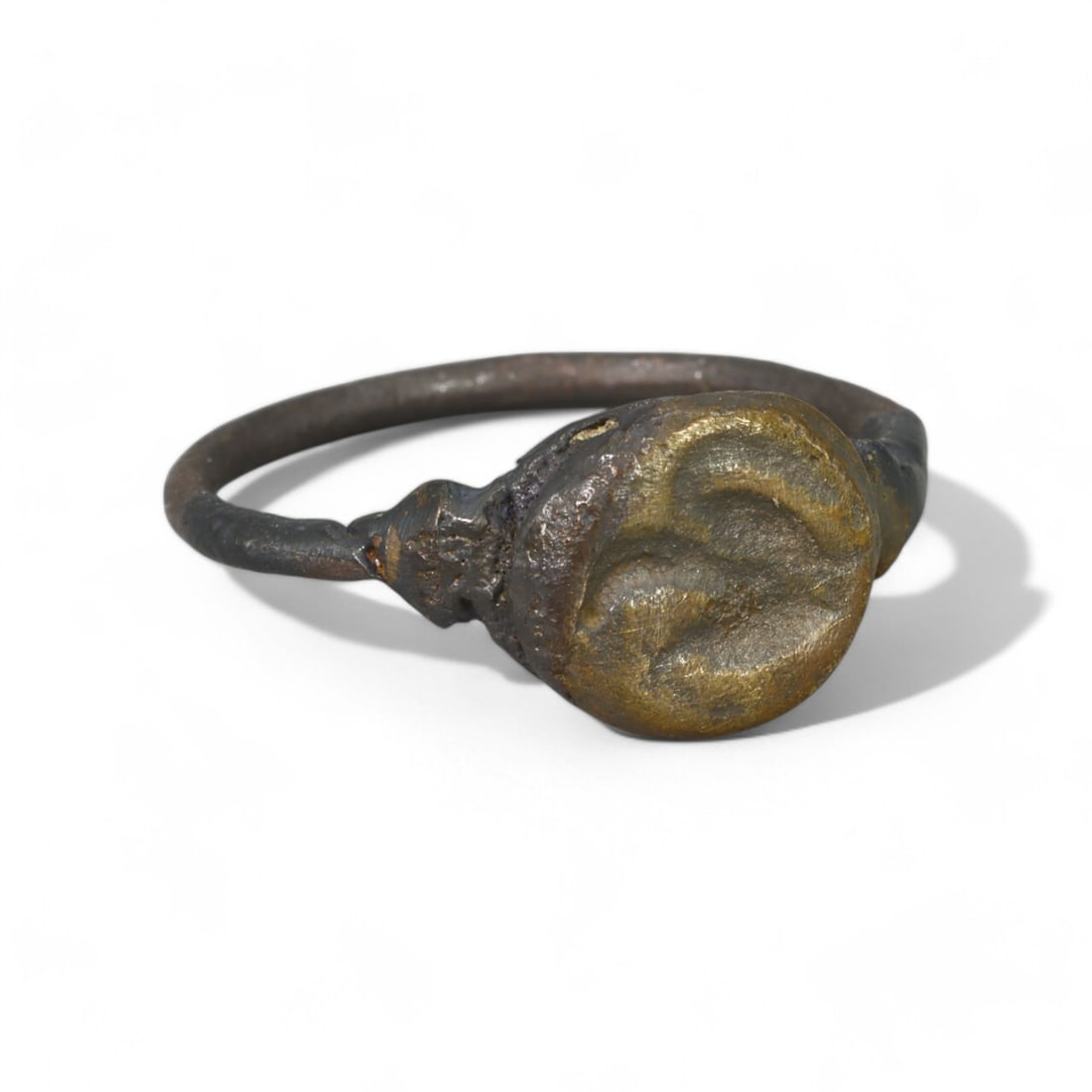 CRUSADER ERA: Bronze "Crescent Seal" Signet Ring, 12th-14th Century CE (Size 10 US, 5g): This elegant Crusader-era bronze signet ring features a circular bezel adorned with a crescent-like design, a motif often associated with celestial symbolism or protective charm. Its simple yet sturdy