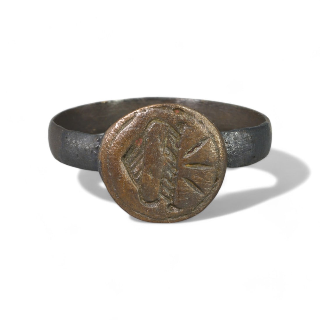 CRUSADER ERA: Bronze "Palm and Radiance" Signet Ring, 12th-14th Century CE (Size 8 US, 2g) (1 of 2)