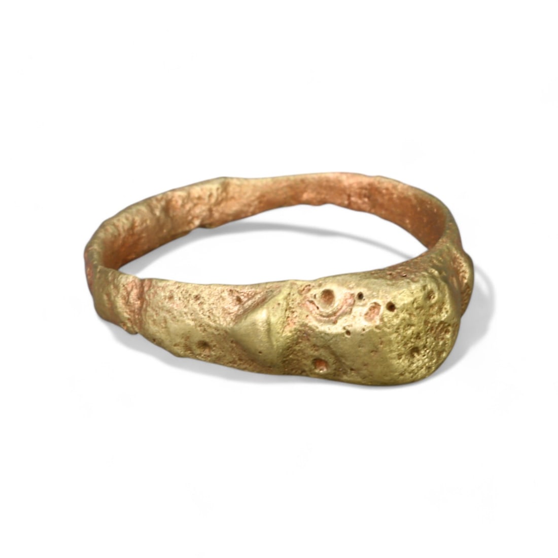 BYZANTINE ERA: Gold Gilt "Organic Textured Band" Ring, 6th-8th Century CE (Size 3 US, 1.5g): This petite Byzantine-era ring, crafted in bronze with a luminous gold gilt finish, features an organic, textured band that creates an earthy and tactile aesthetic. The irregular surface, with its nat